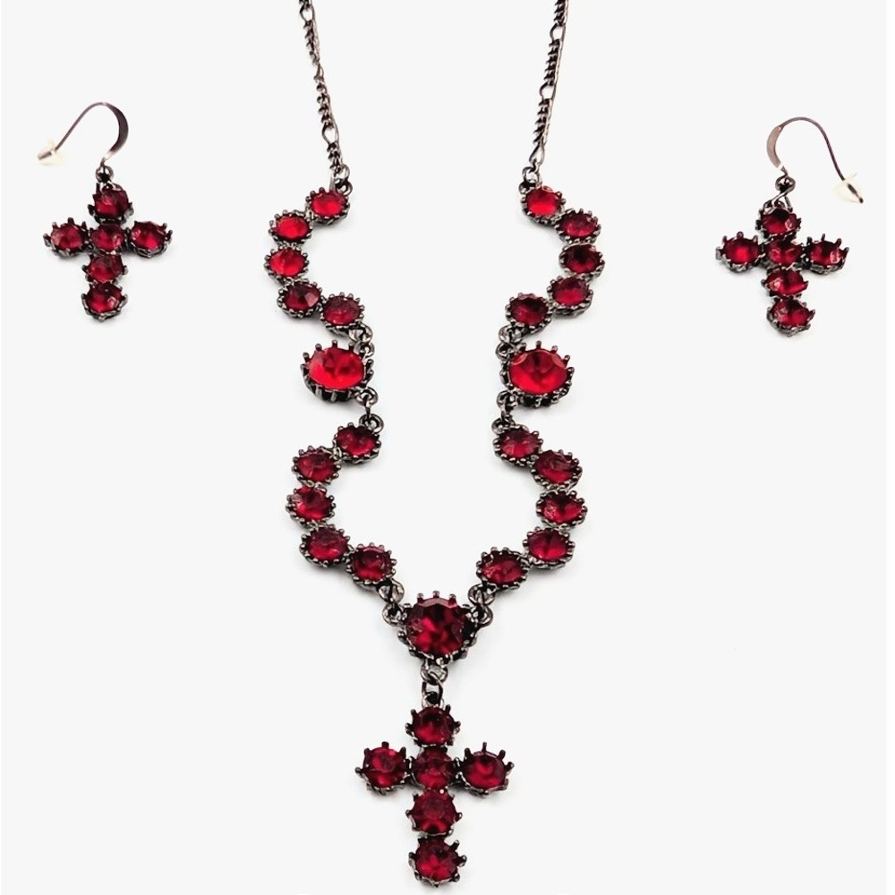 VTG Red Austrian Crystal Cross‎ Necklace Earrings Set Statement Piece